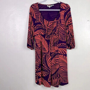 Boden Women's US 10 Purple Orange Leaf Print Quarter Sleeve Elastic Waist‎ Dress